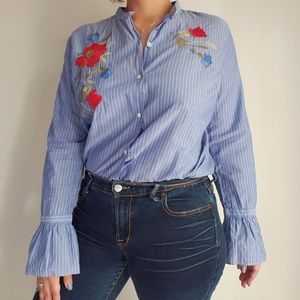 Loft striped embroidered bellsleeve button down M